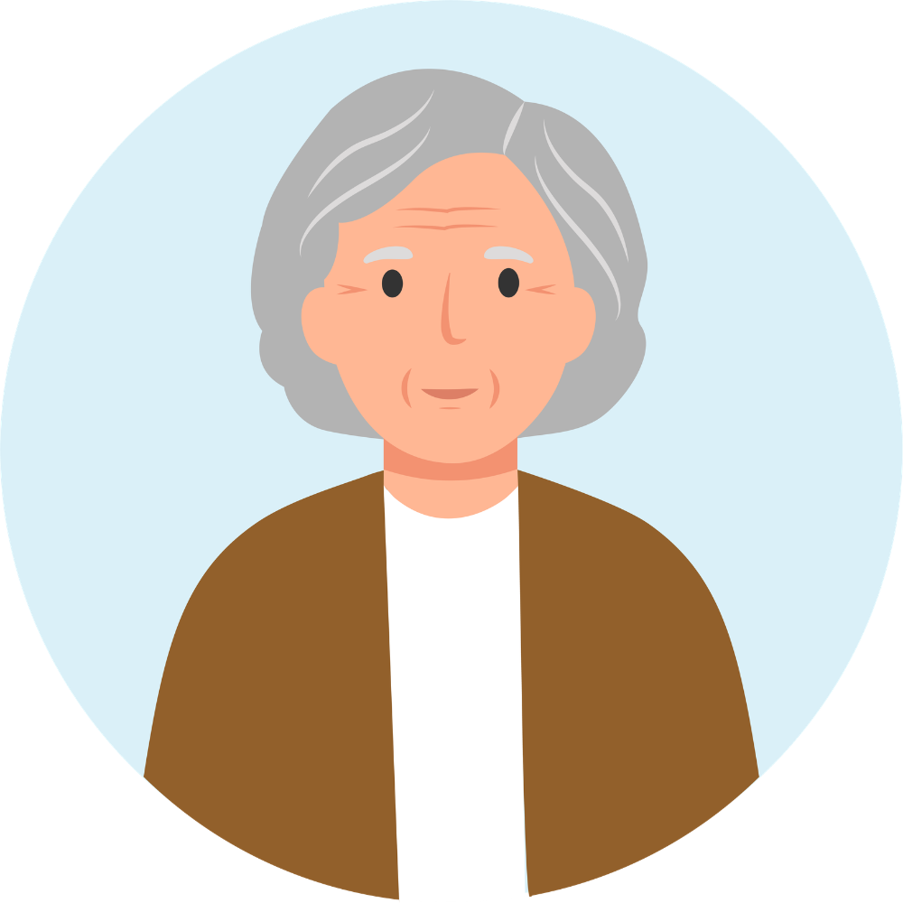 Mary, an elderly Irish lady with grey hair in a brown cardigan